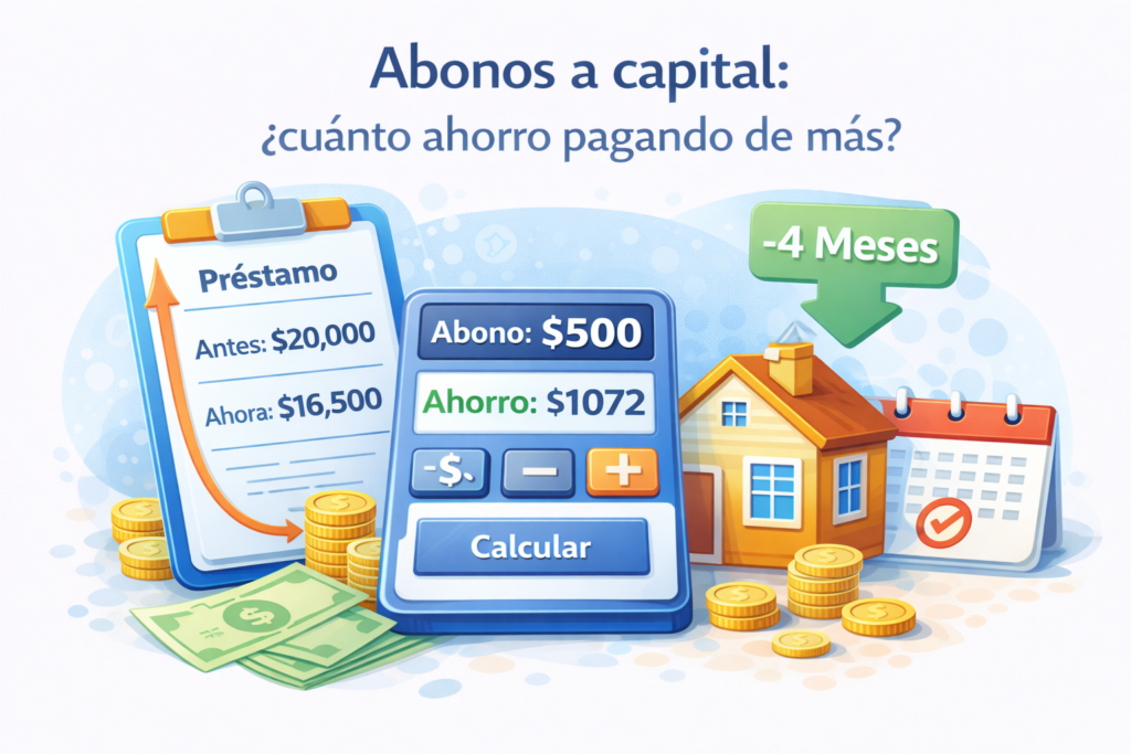 Ilustración que muestra cómo los abonos a capital reducen el monto del préstamo y el tiempo de pago, generando ahorro en intereses