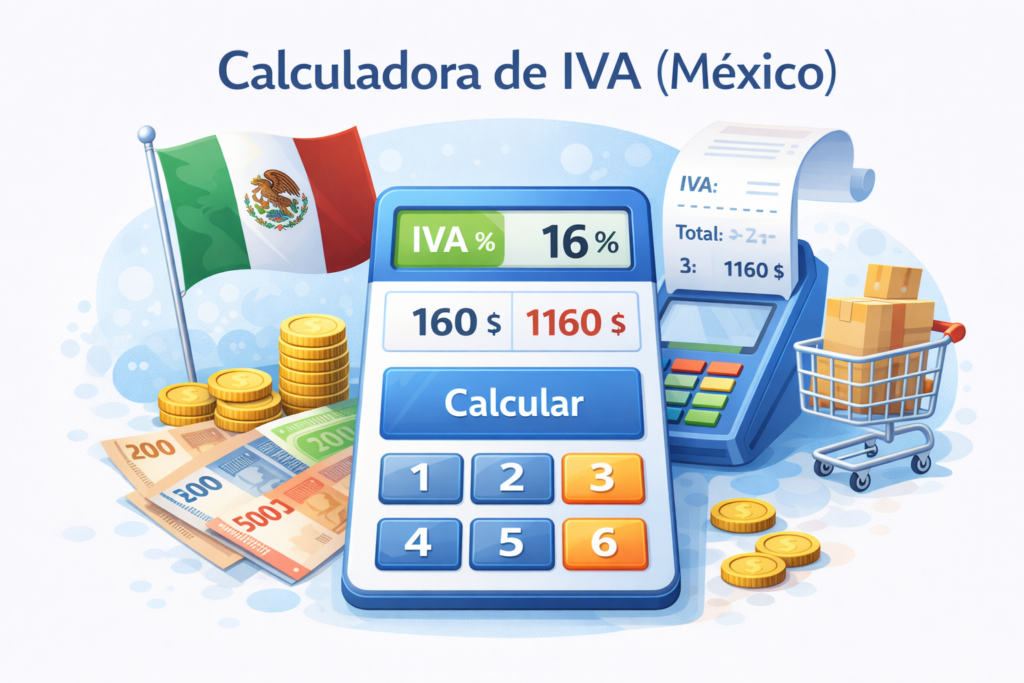 Calculadora de IVA en México que muestra el cálculo del impuesto al valor agregado del 16% sobre un monto total