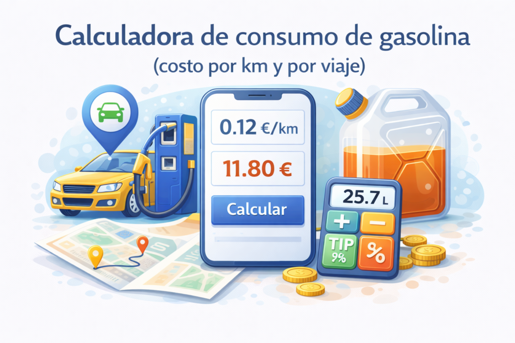 Ilustración de una calculadora de consumo de gasolina que muestra el costo por kilómetro y el gasto total de un viaje