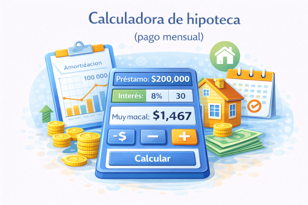 Calculadora de hipoteca que muestra el pago mensual según préstamo, interés y plazo