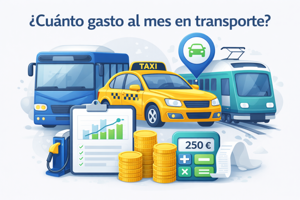 Ilustración que muestra el cálculo del gasto mensual en transporte incluyendo taxi, autobús, metro y combustible