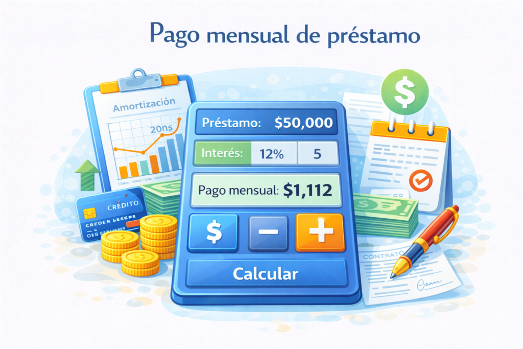 Calculadora de pago mensual de préstamo que muestra monto, interés y cuota mensual a pagar