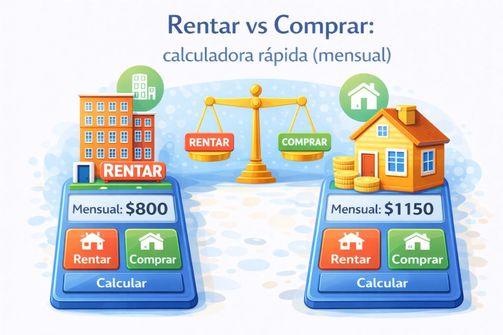 Ilustración comparativa entre rentar y comprar una vivienda con calculadora de costos mensuales