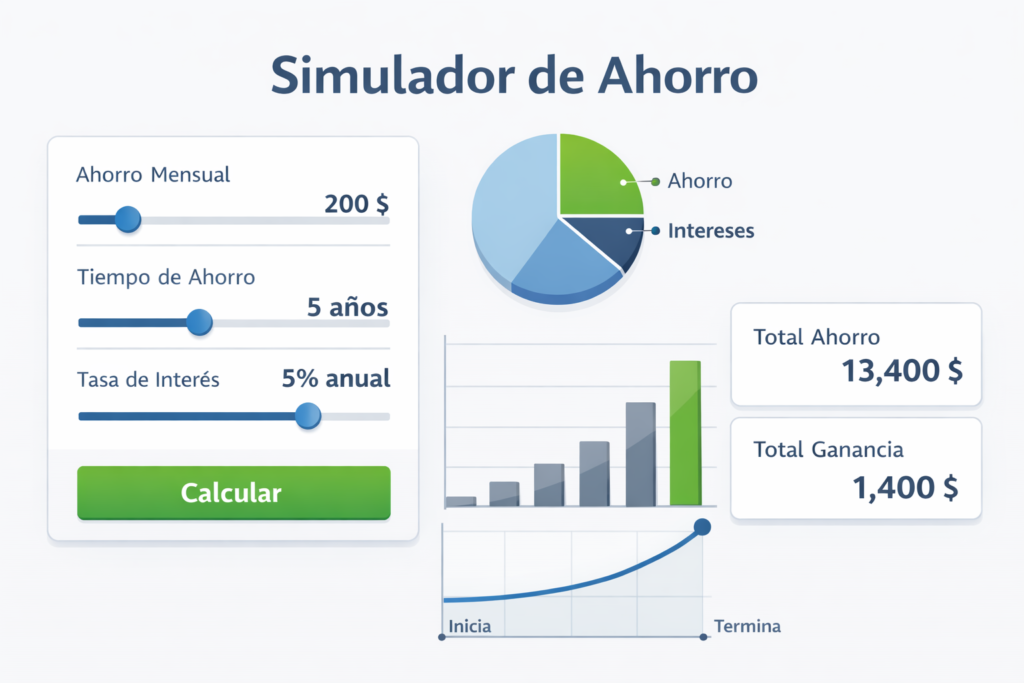 Simulador de ahorro que muestra el cálculo de ahorro mensual, intereses y crecimiento del dinero en el tiempo