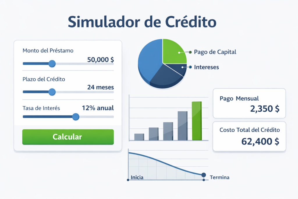 Simulador de crédito para calcular pagos, intereses y plazos