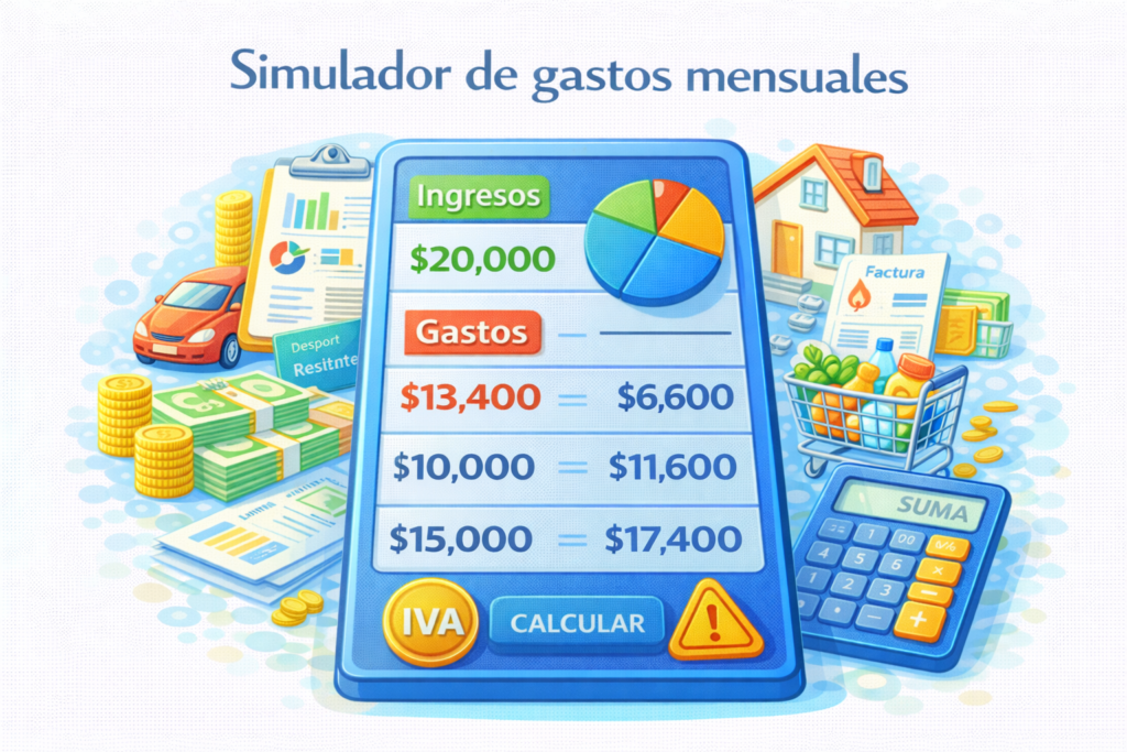 Simulador de gastos mensuales que muestra el cálculo de ingresos, gastos y dinero restante por mes