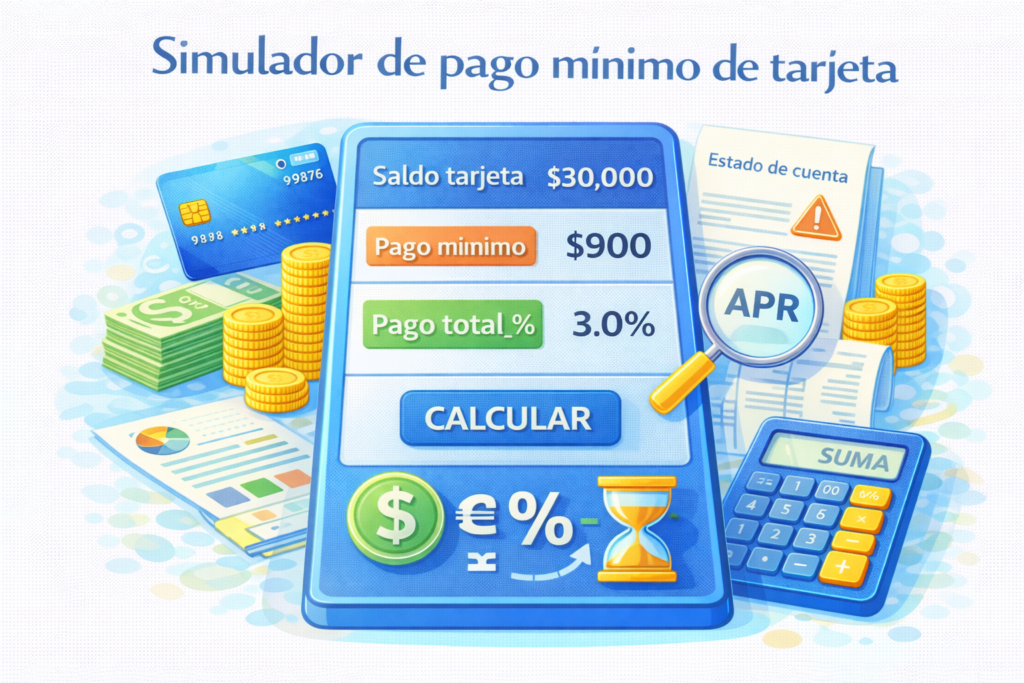 Simulador de pago mínimo de tarjeta de crédito que muestra saldo, pago mínimo, porcentaje y cálculo de intereses