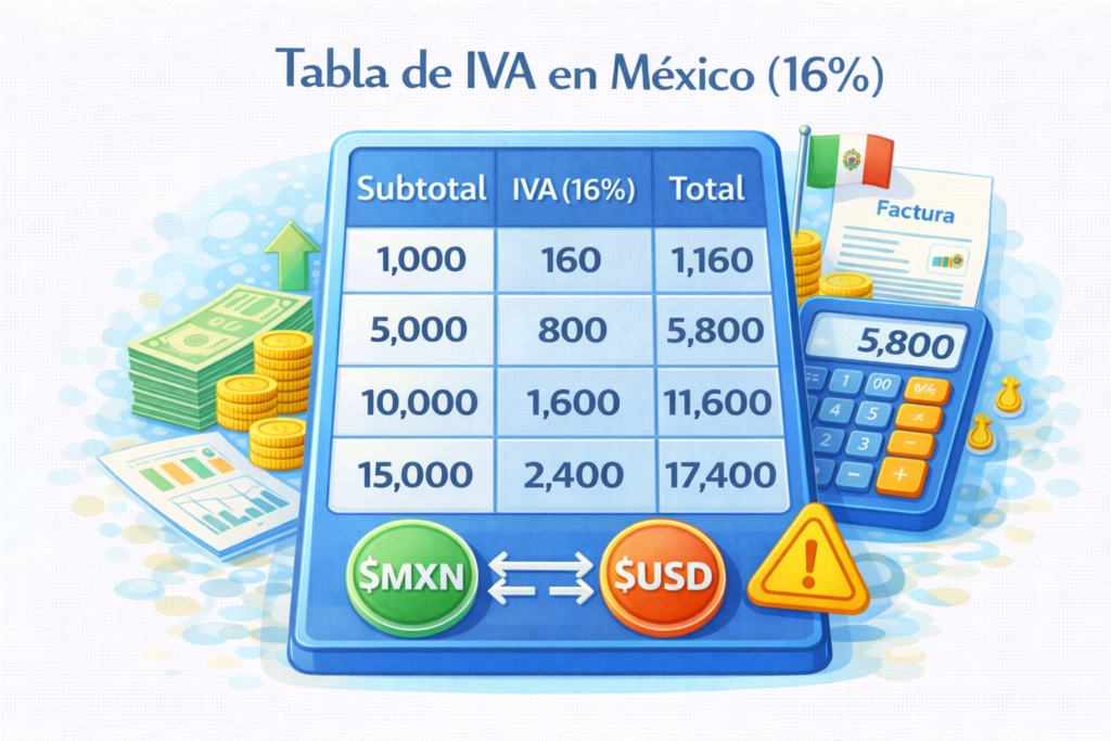 Tabla de IVA en México al 16 por ciento con ejemplos de subtotal, impuesto y total a pagar