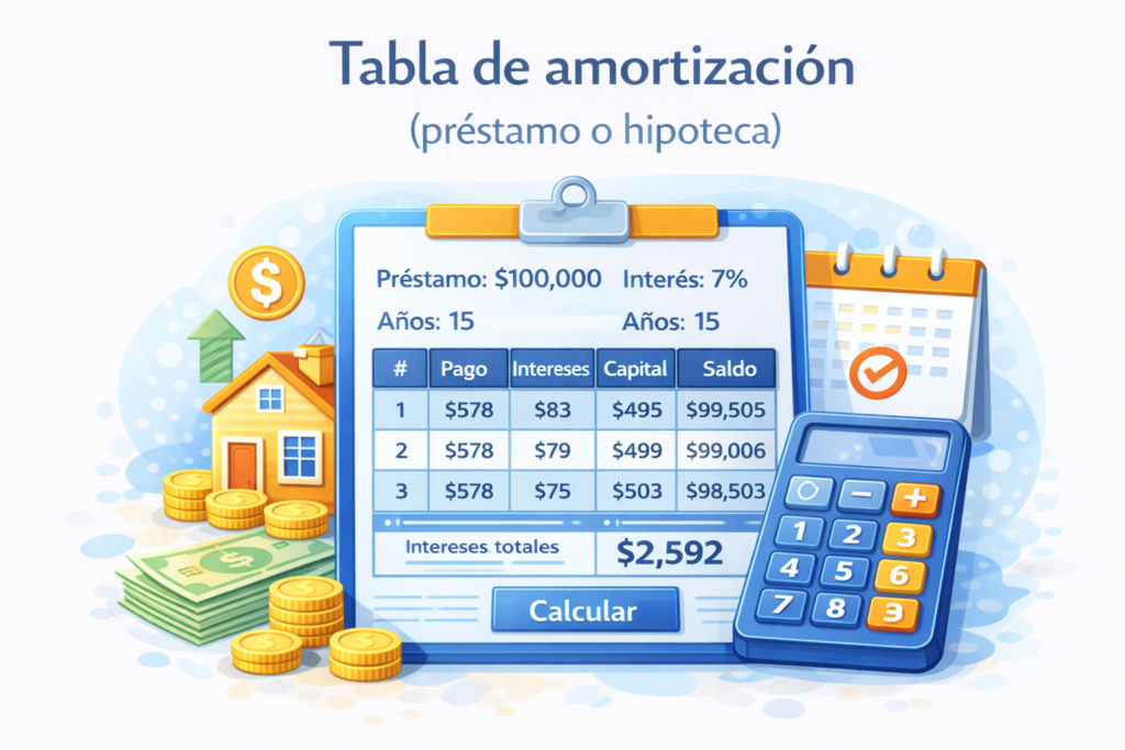 Tabla de amortización que muestra pagos, intereses, capital y saldo de un préstamo o hipoteca