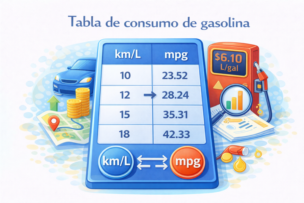 Tabla de consumo de gasolina que muestra el rendimiento en km por litro y mpg para calcular gasto de combustible