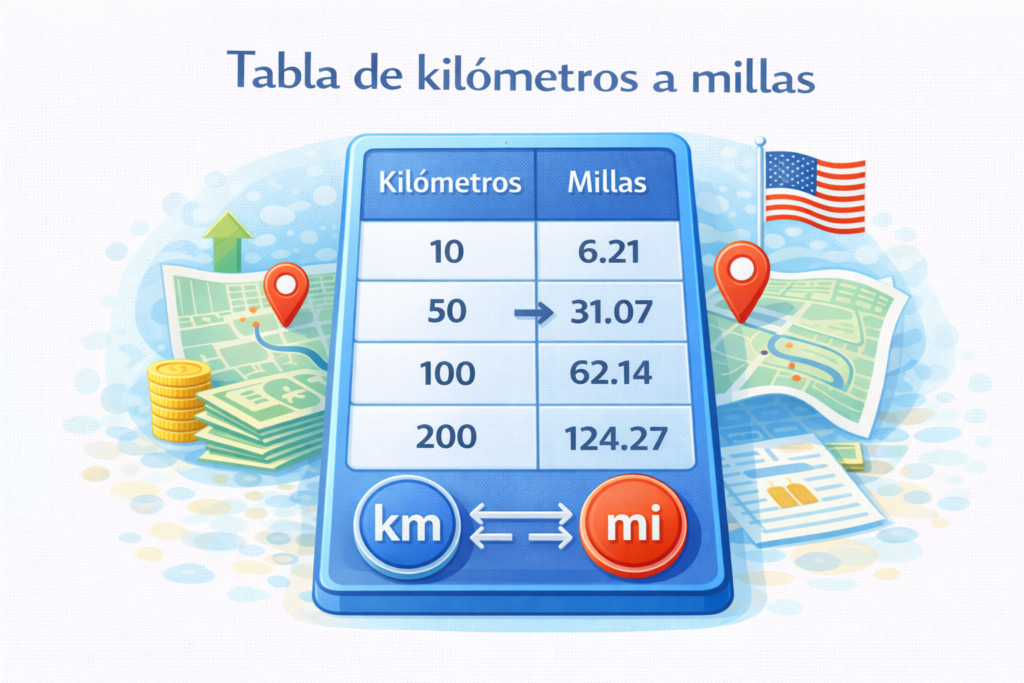 Tabla de kilómetros a millas con valores comunes para convertir distancias de km a mi