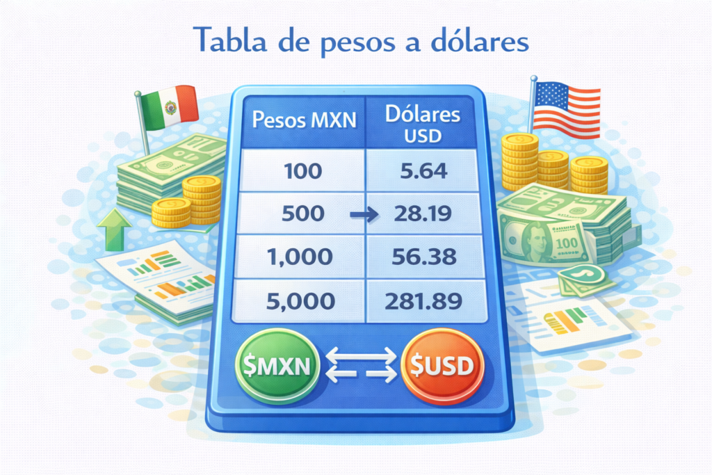 Tabla de pesos a dólares con conversión de MXN a USD y ejemplo de tipos de cambio