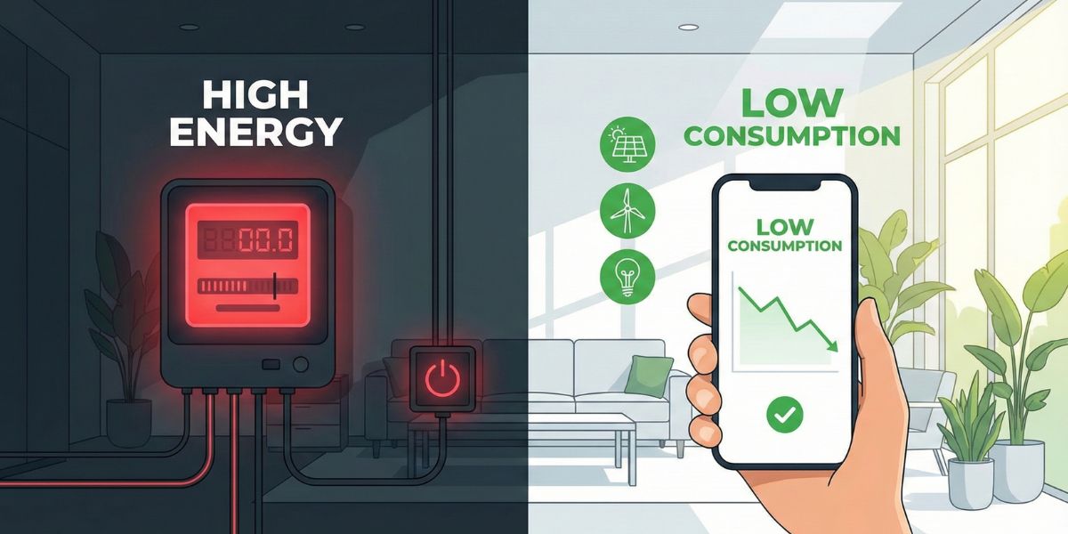 Infografía comparativa de ahorro de energía mostrando dispositivos eficientes y consejos para bajar el recibo de luz.
