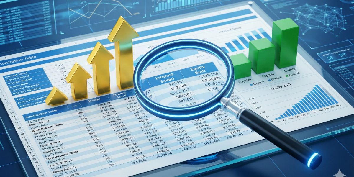 Infografía de tabla de amortización bancaria con enfoque en ahorro e intereses.