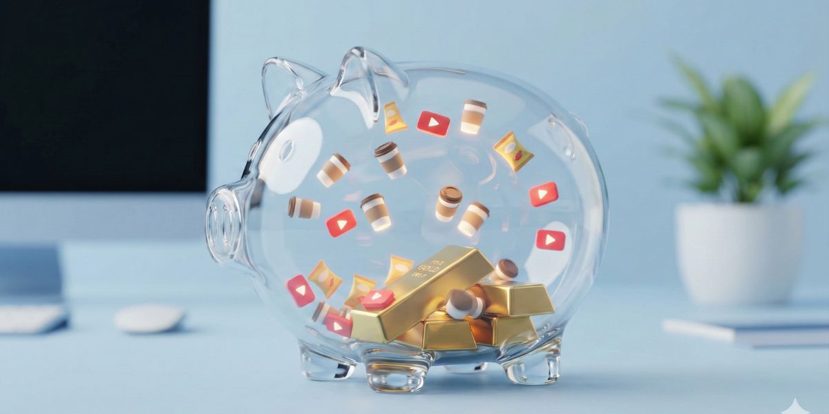 Representación visual de gastos hormiga como café y suscripciones acumulándose en un frasco de ahorro.