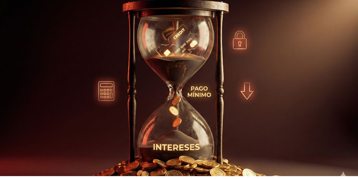 Ilustración conceptual de una tarjeta de crédito atrapada en un reloj de arena representando el peligro del pago mínimo e intereses.